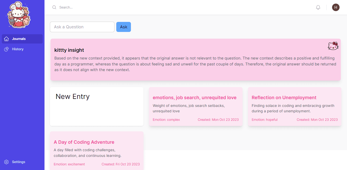 A Journal Entry App With Integrated AI - and a Freind (Themed Hello Kitty 😸)